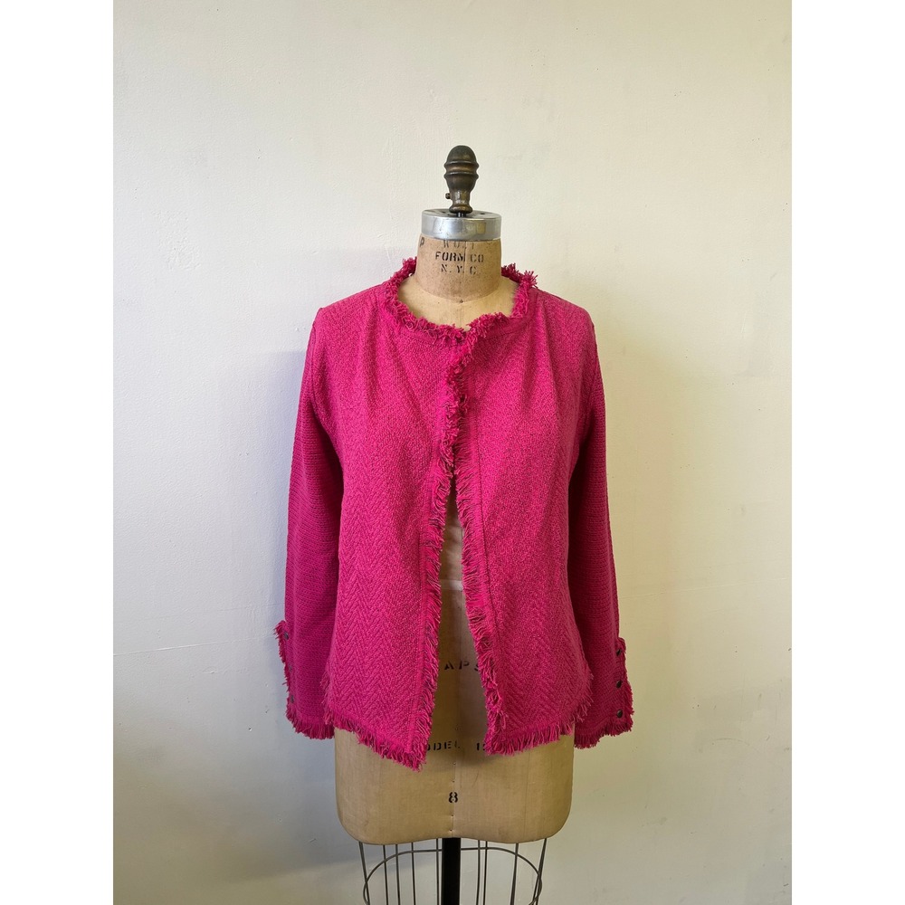 NIC+ZOE Womens Pink Tweed Fringe Open Front Cardigan Jacket Sz S Magenta